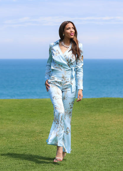 Papillon au ciel - Satin Print Pants- Sky blue