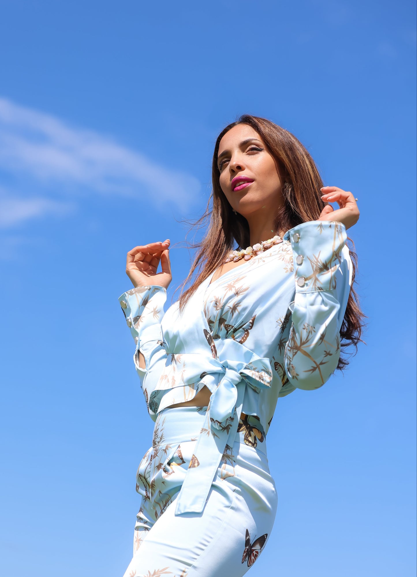 Papillon au ciel - Satin Print Blouse- Sky blue