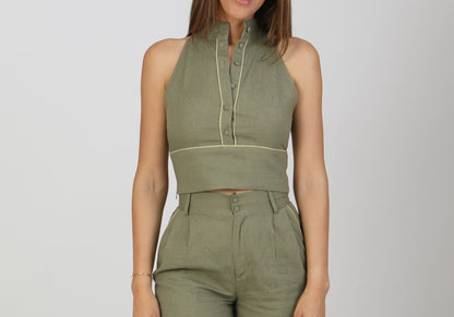 Souffle Raffiné - Linen Top - Sage Green