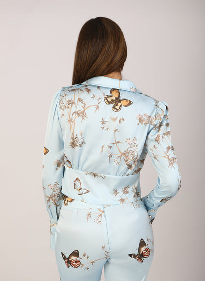Papillon au ciel - Satin Print Blouse- Sky blue
