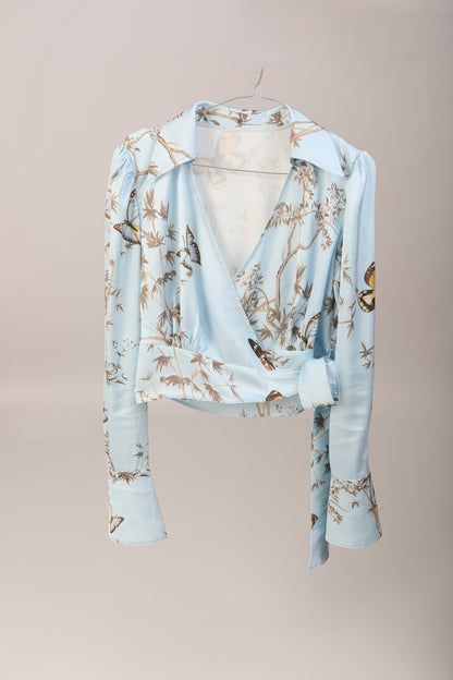 Papillon au ciel - Satin Print Blouse- Sky blue